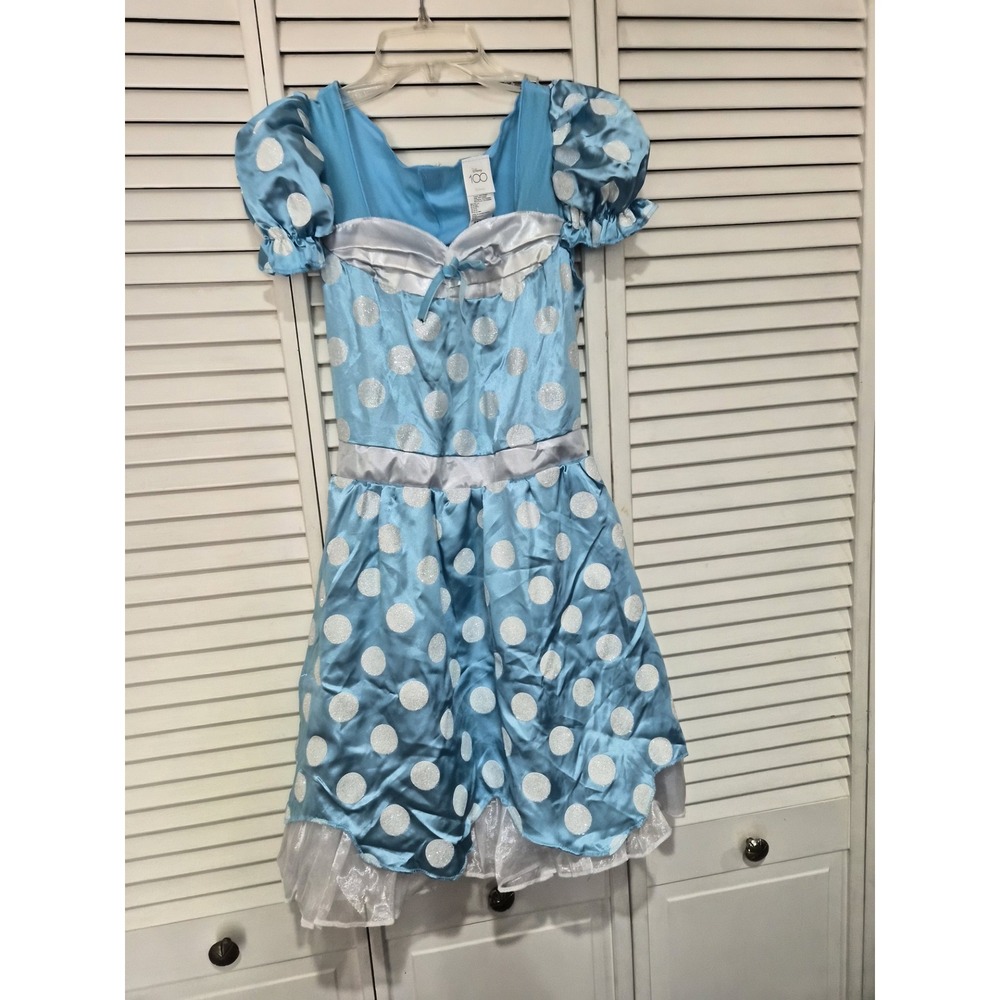 Disney 100 Minnie Mouse Blue Silver Glitter Polka Dot Costume Dress Kids S 4/6